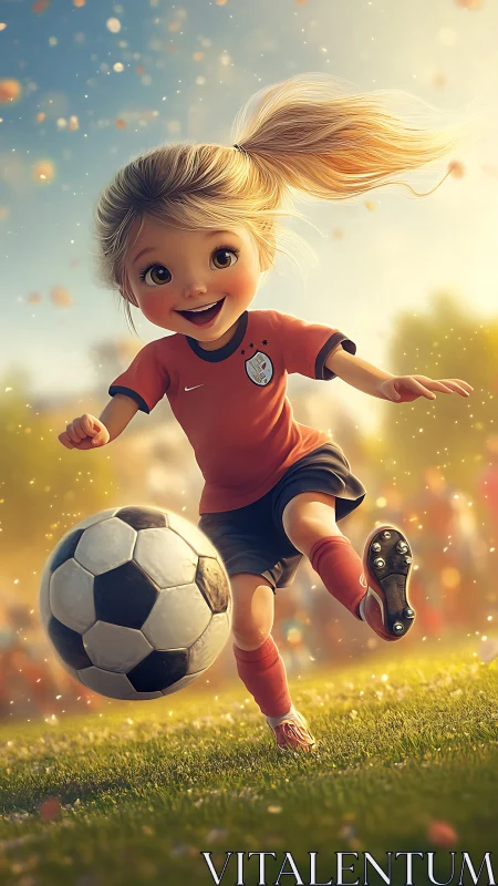 Dynamic stylized girl kicking soccer ball in warm backlit field