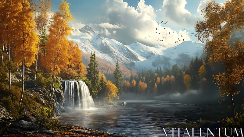 Autumn forest waterfall before snow covered mountain range.