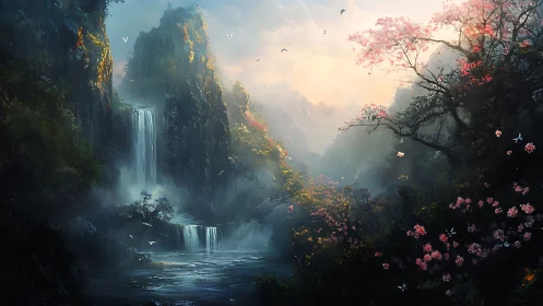 Atmospheric cascade valley with luminous floral canopy.