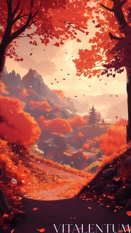 Autumn mountain path curves through glowing crimson forest.
