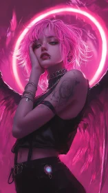 Neon angel punk girl poses under glowing pink halo ring.