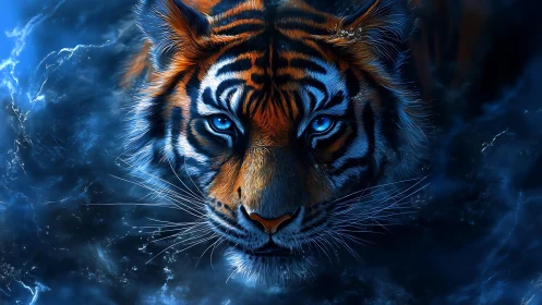 Icefire tiger gaze ignites the midnight waters of silence.