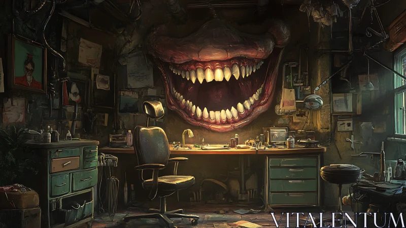 Digital painting of derelict lab with monstrous wall mouth.