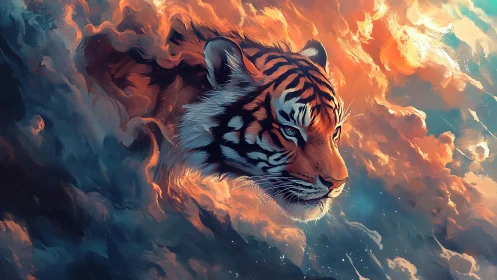 Majestic tiger glides through glowing storm clouds in peace