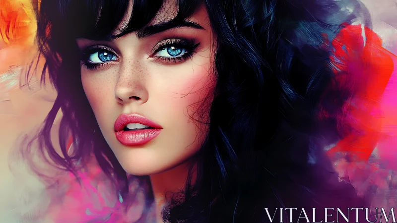 Digital portrait of woman with vivid eyes and dark hair.