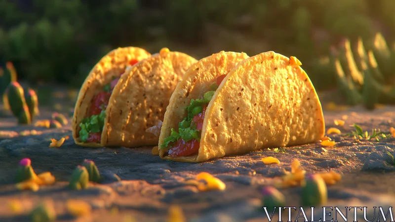 Sunlit crunchy tacos rest on textured stone surface