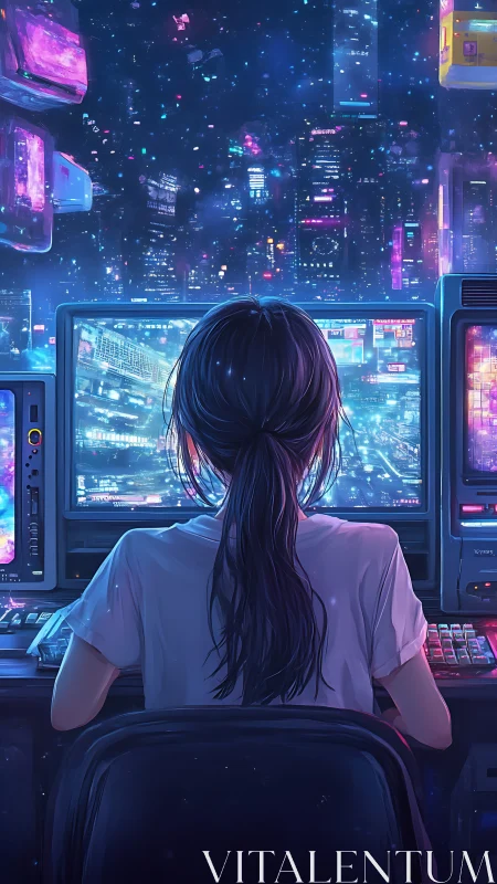 Person at multi-monitor station facing neon cityscape skyline.