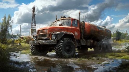 Weathered orange tanker truck in muddy rural marshland.