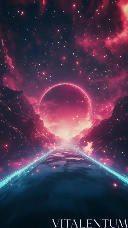 Neon starroad stretches toward a glowing cosmic horizon.