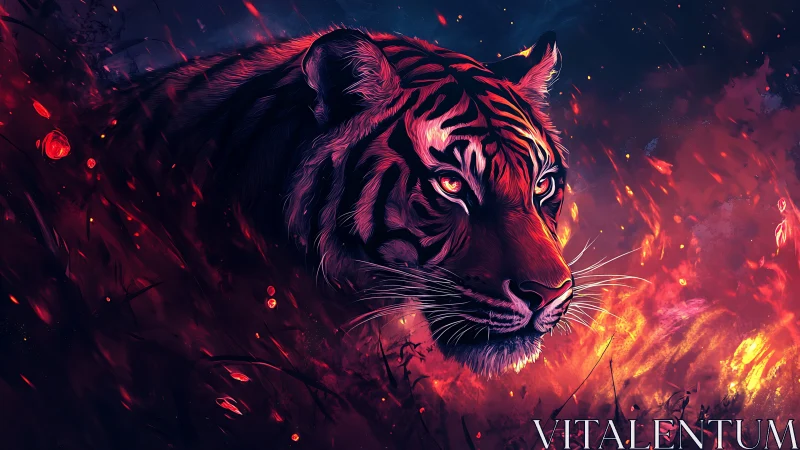Tiger head in stylized flames and embers at night.
