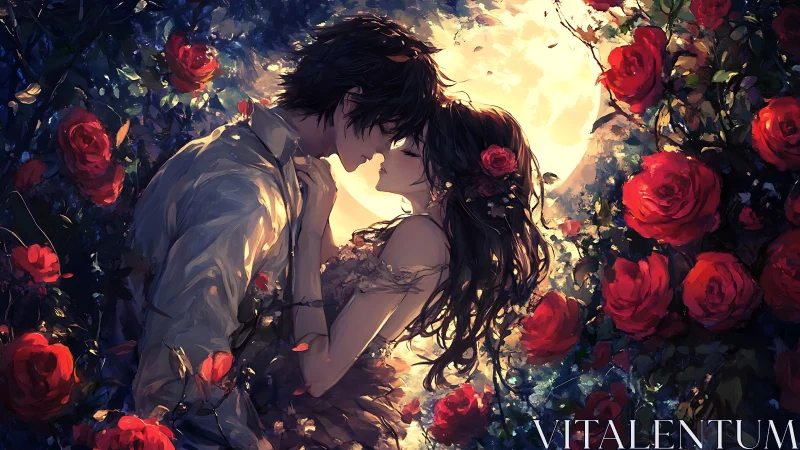 Romantic anime couple embracing under moonlit roses.