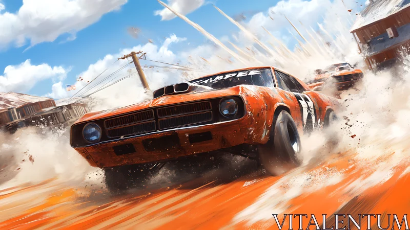 Orange muscle cars racing on dusty rural dirt road scene.