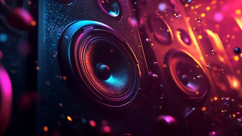 Glowing party speakers pulsing with colorful music energy.