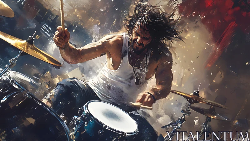 Rock drummer in dynamic motion, expressive digital strokes.