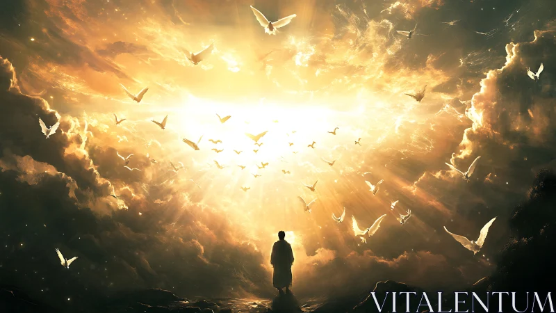 Solitary figure enters radiant portal amid celestial doves.