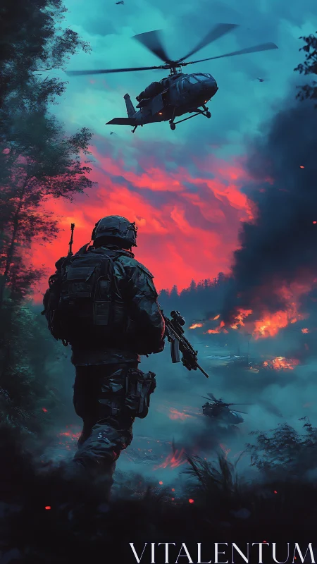 Soldier observes burning battlefield under low helicopter