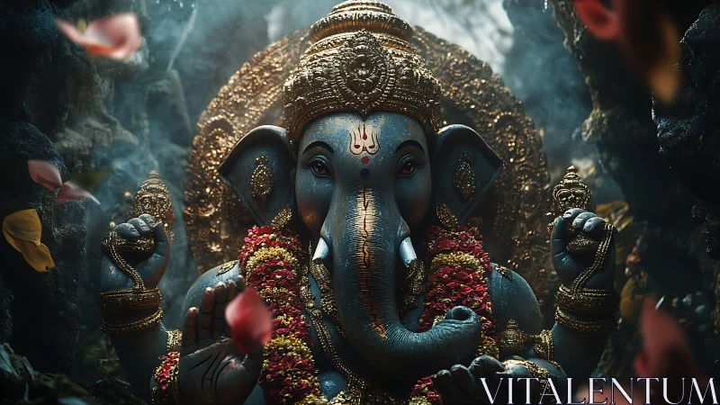 Elephant-headed deity statue rendered with ornate metallic detailing