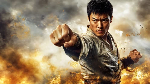 Martial artist mid-punch amid dynamic fire and smoke vortex