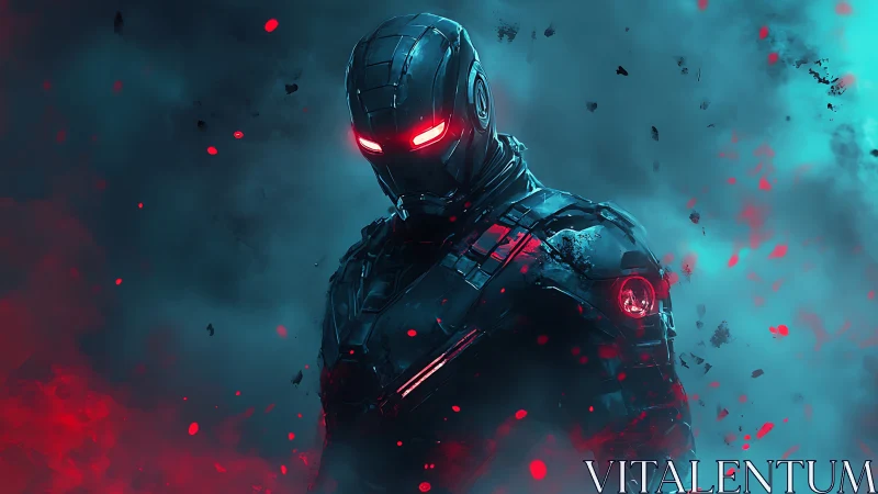 Armored futuristic soldier stands in red and cyan smoke