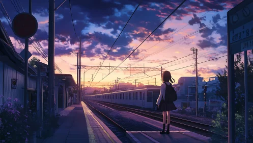 Girl stands on rural station platform at dusk observing train