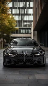 Black BMW sedan front view in modern urban courtyard.