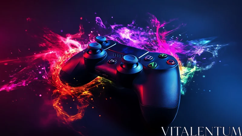 Gaming controller rests amid vivid neon light trails