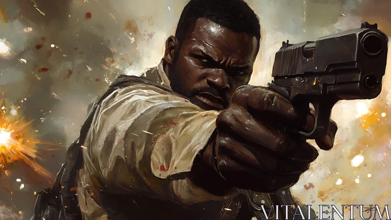 Grit-hardened gunfighter storms through blazing battlefield fury.