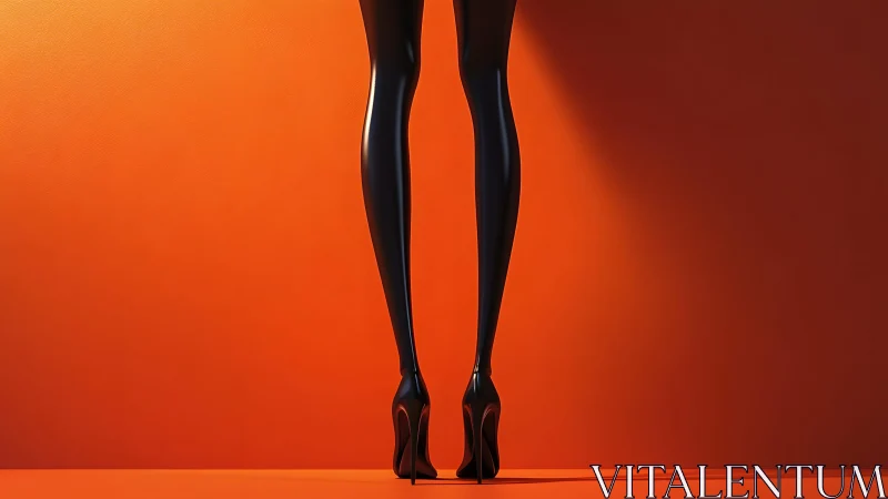 Elegant female legs in black high heels against orange minimalist backdrop.