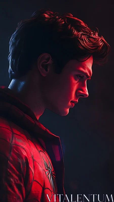 Young hero in red suit caught in a quiet, glowing pause.