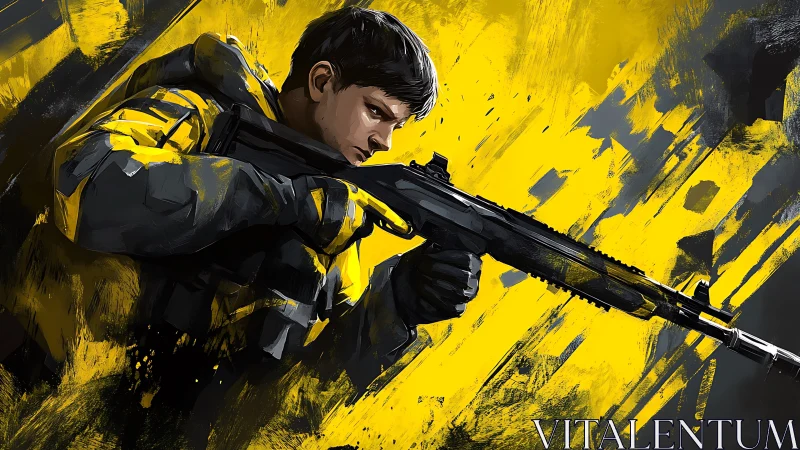 Sharpshooter in yellow jacket lines up a precise rifle shot.