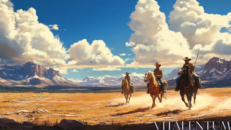 Riders cross a sunlit western plain under bold summer clouds