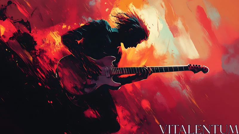 Silhouetted guitarist plays electric instrument amid red streaks