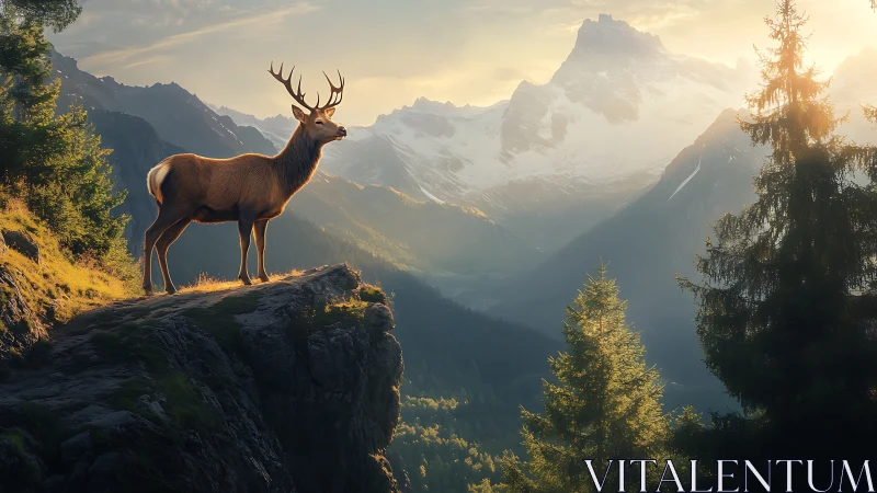 Stag standing on rocky cliff above conifer valley at sunrise.