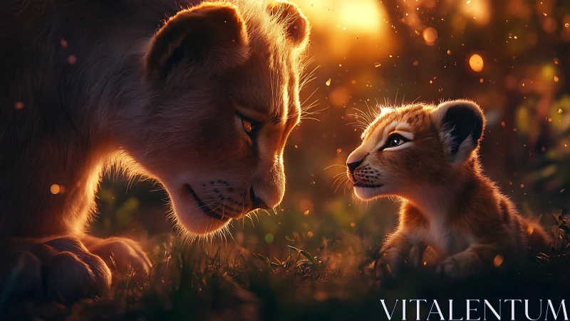 Luminous Maternal-Filial Feline Interaction with Atmospheric Golden Particle Effects