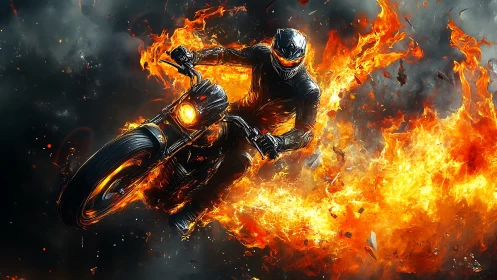 Inferno rider carving molten trails through midnight smoke.