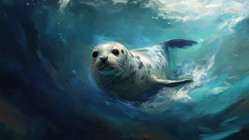 Playful spotted seal glides through swirling ocean waters.