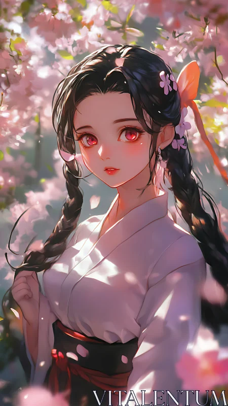 Cherry blossom girl gazes softly through drifting petals