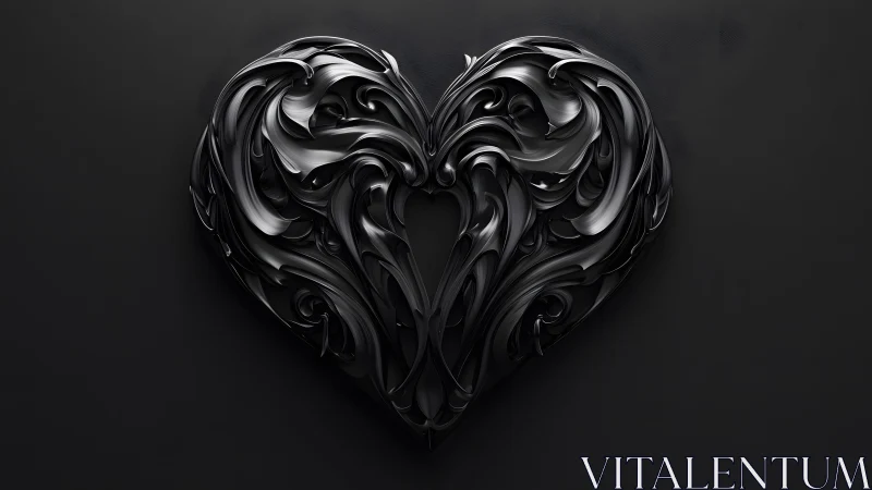 Intricate black metallic heart in ornate baroque style on dark background.