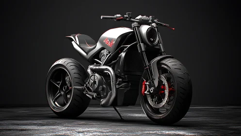 Midnight cyber streetfighter motorcycle roars in studio shadow.