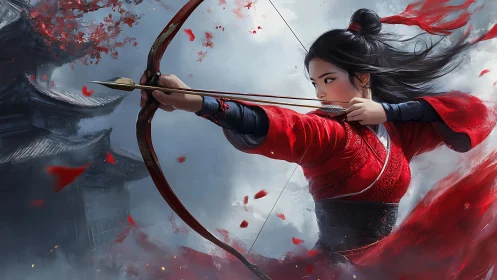 Scarlet archer draws her bow with calm, determined grace