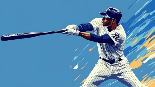 Baseball batter swings powerful bat in stylized blue artwork