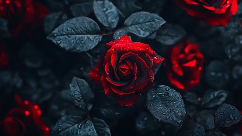 Red roses with water droplets against dark foliage background