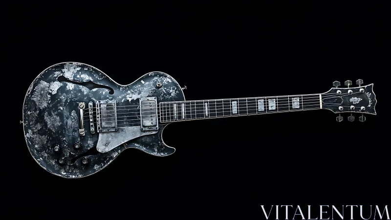 Electric guitar with distressed finish shown on black background