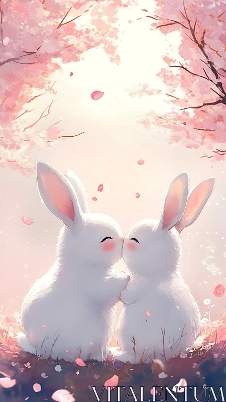 Two stylized white rabbits touch noses under pink foliage