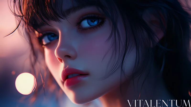 Digital portrait with luminous blue eyes at dusk.