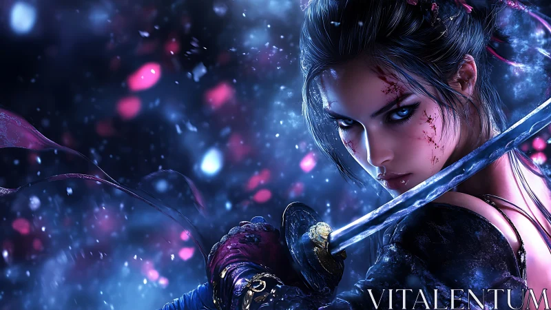Battle-ready female warrior with sword in vivid blue light.