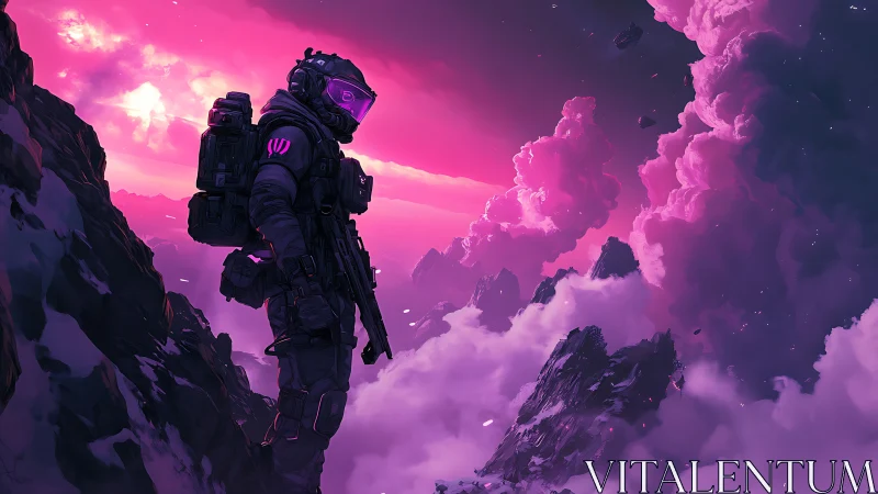 Starlit explorer pauses above neon clouds on alien cliffs