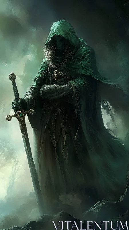 Mysterious hooded guardian standing watch with ancient blade.