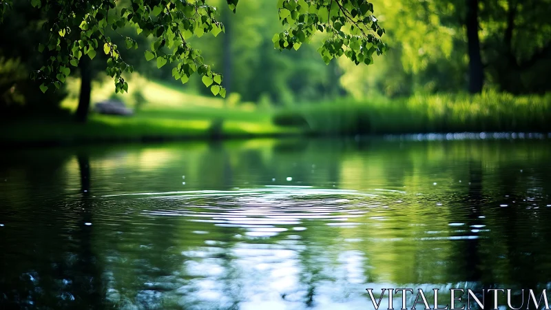 Gentle ripples spread across a tranquil forest pond at dusk