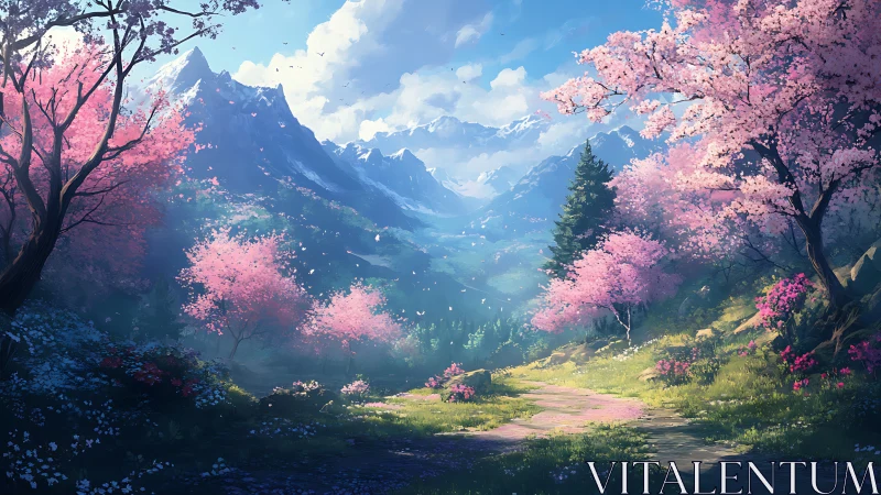 Spring mountain valley with pink blossom trees and path.